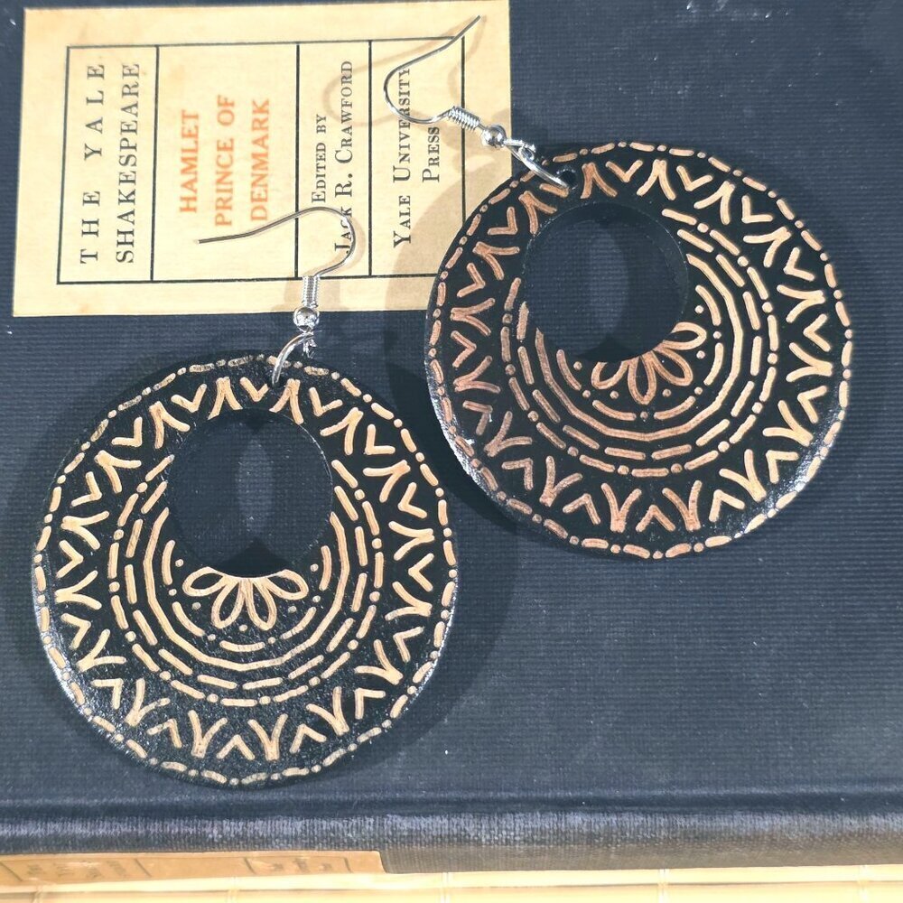 Tribal Style Line and Dot Design Black Tan Laser Etched Handmade Wood Earrings